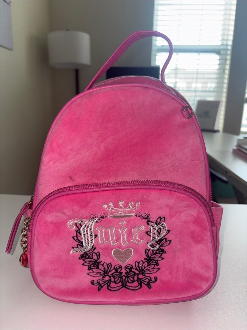 Juicy Couture Hot Pink Velvet Mini Backpack with Embroidered Crest